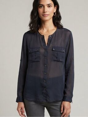 Massimo Dutti Sz 12 100% Mulberry Silk Navy Button Down Classic Office Blouse